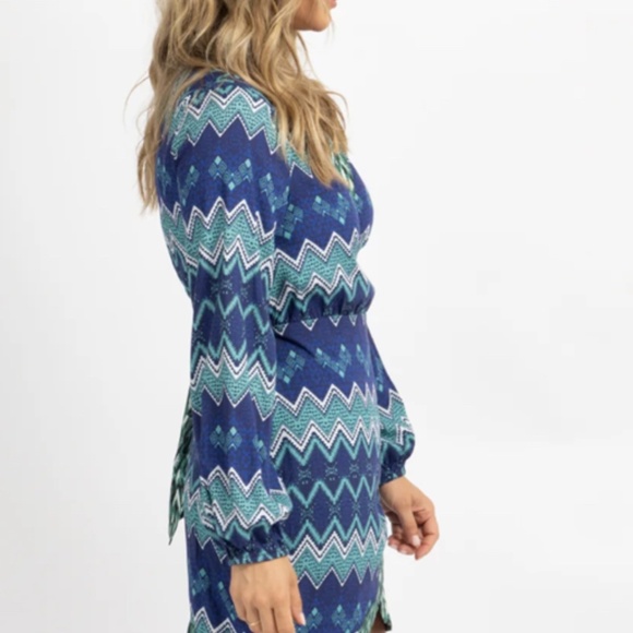BLUE MULTI-ZIGZAG WRAP MINI DRESS - Picture 2 of 4